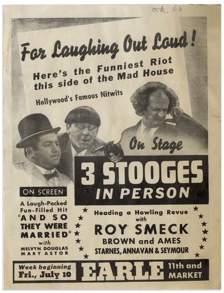 ''3 Stooges In Person'' Handbill From 1936 -- Measures 7'' x 9.25'' -- Fold & Some Toning to Right Side, Very Good Condition
